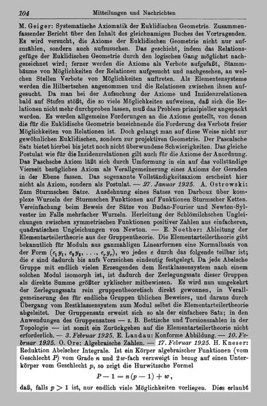 H. Kneser: Reduktion Abelscher Integrale. Ist ein Körper algebraischer Funktionen (vom Geschlecht P) vom Grade n und 2 w-fach verzweigt in bezug auf einen Unterkörper vom Geschlecht p, so zeigt die Hurwitzsche Formel P - 1 = n(p - 1) + w, daß, falls p > 1 ist, nur endlich viele Möglichkeiten vorliegen. Dies erlaubt ...