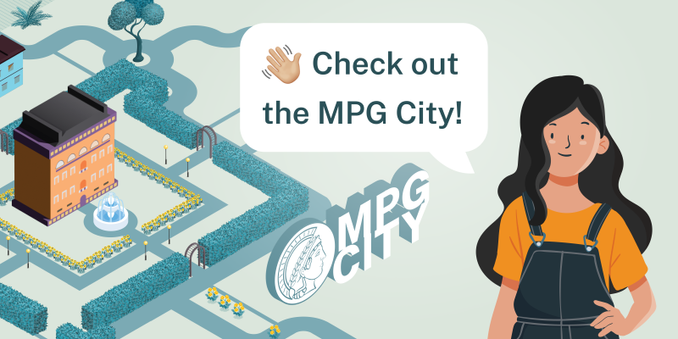 Screenshot of a website featuring part of a city scape in pixel graphics, with a central three-story building surrounded by hedgerow-separated yards. One of the yards features a large monument with the Minerva logo and the text MPG City. Overlaid onto that city scape is a cartoon person with an associated speech bubble saying "Check out the MPG City!"