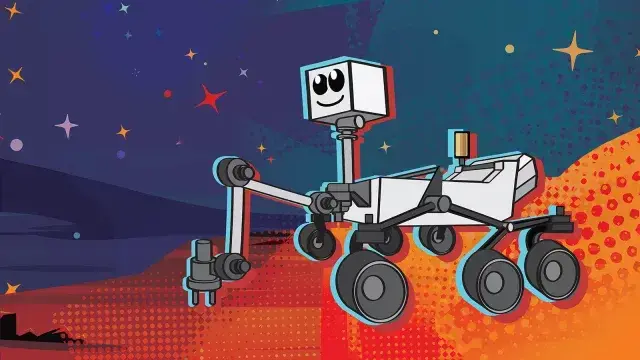 Cartoon of a Mars Rover: grey wheels, white body parts, a camera arm with eyes and a smiling face, an experiment arm lowered towards martian soil. The soil is depicted as an orange-red pattern, above this a green-blue sky sprinkled with colorful star shapes.