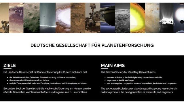 Screenshot of a web page with a title in German reading "Deutsche Gesellschaft für Planetenforschung" and additional text in German and English below, with the English text reading
"Main aims
The German Society for Planetary Research aims
- to make activities in the field of planetary research more visible,
- to promote scientific exchange
- and to strengthen cooperation between researchers, institutions and companies.
The society particularly cares about supporting young researchers in order t…
