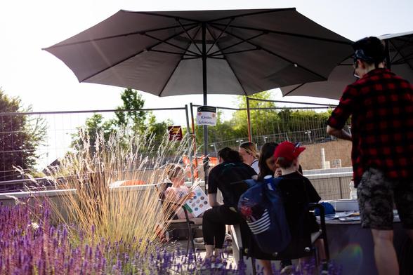 The face painting station from a bit of a distance. People sitting under a large umbrella giving shade. In the foreground, some grasses and flowers beautifully lit by the late afternoon sun.