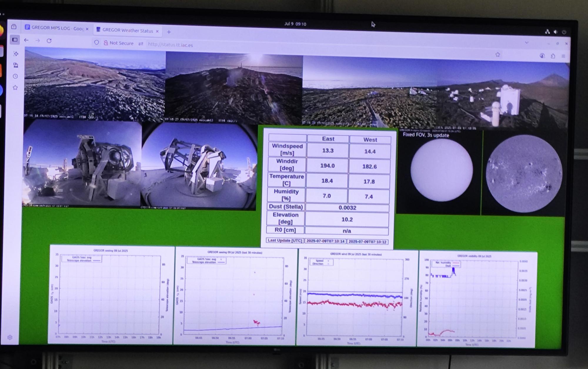 A zoom-in onto one of the large screens showing various context images: the observatory from a birds-eye view, its surroundings, close-ups of the telescope from different angles, and select scientific data panels.