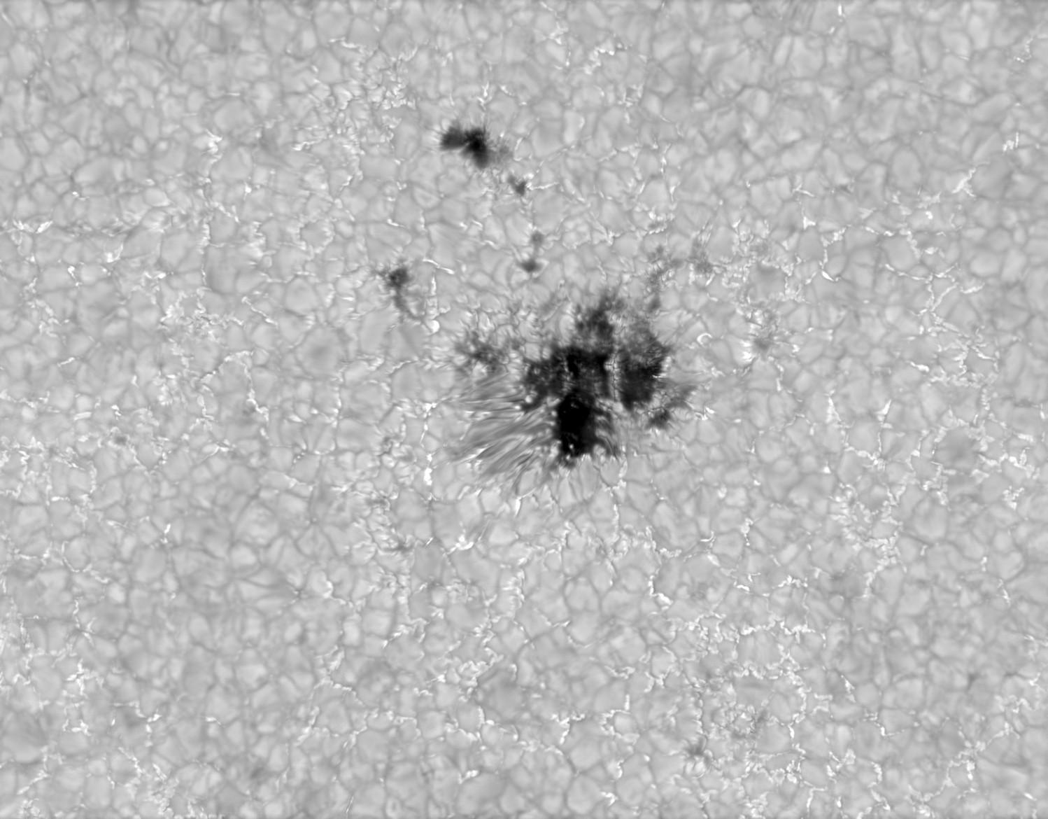 Emerging active region as seen by GREGOR. It's a black and white image of an area filled mostly with granulation pattern, a convection-cell structure looking simular to a very unorderly honeycomb pattern. Near center, that structure is broken up and one area appears especially dark compared to the surroundings.