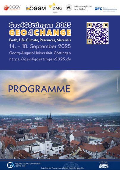 Front page of a programme booklet, with the conference title and a qr code to the conference web page at the top, and an areal view of part of the city of Göttingen on the bottom two thirds of the front cover. On the sky part of the image, it says in large letters "PROGRAMME".