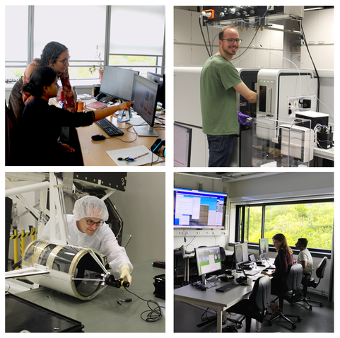 A collage of four photographs showing doctoral researchers in various work settings. From left to right and from top to bottom, the four pictures show: Two young women, one sitting and one standing, in front of computer screens on a desk in an office, looking at the screens and pointing. A young man in a light mint green T-Shirt in a lab environment, standing with his back to the viewer, his body facing machinery but his head turned back over his right shoulder to face the viewer. A person in w…