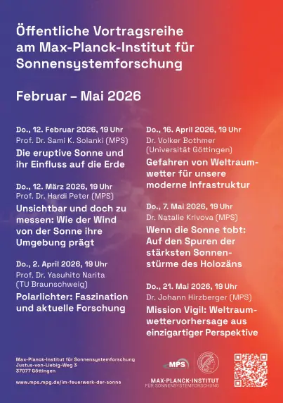 Detailliertes Program der Öffentlichen Vortragsreihe am Max-Planck-Institut für Sonnensystemforschung mit sechs Vortragsterminen und einem Link auf das Programm unter https://www.mps.mpg.de/im-feuerwerk-der-sonne