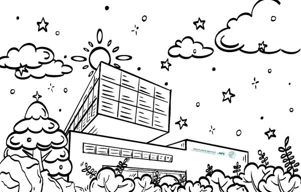 hand-drawn coloring page of institute building
