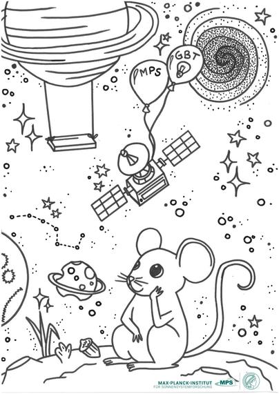 hand-drawn coloring page of mouse, planets, stars, a space probe and a spiral galaxy
