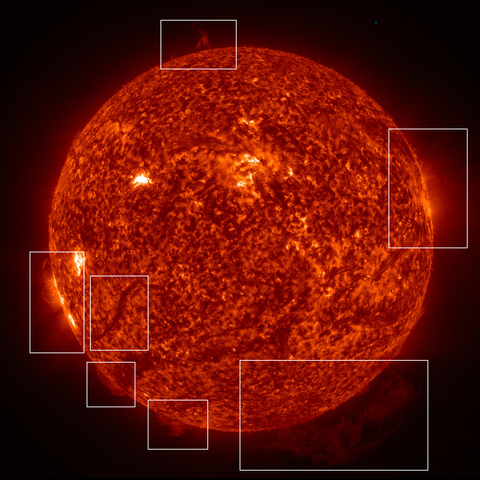 Image of the active Sun displaying solar prominences in different shapes and sizes. These prominences are highlighted by white frames. 