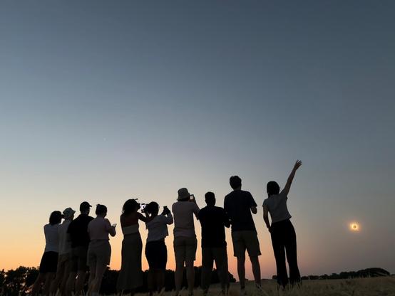 A group of ten people standing on a row, seen from behind silhouetted against a dark sky. To the right near the horizon, a totally eclipsed Sun.